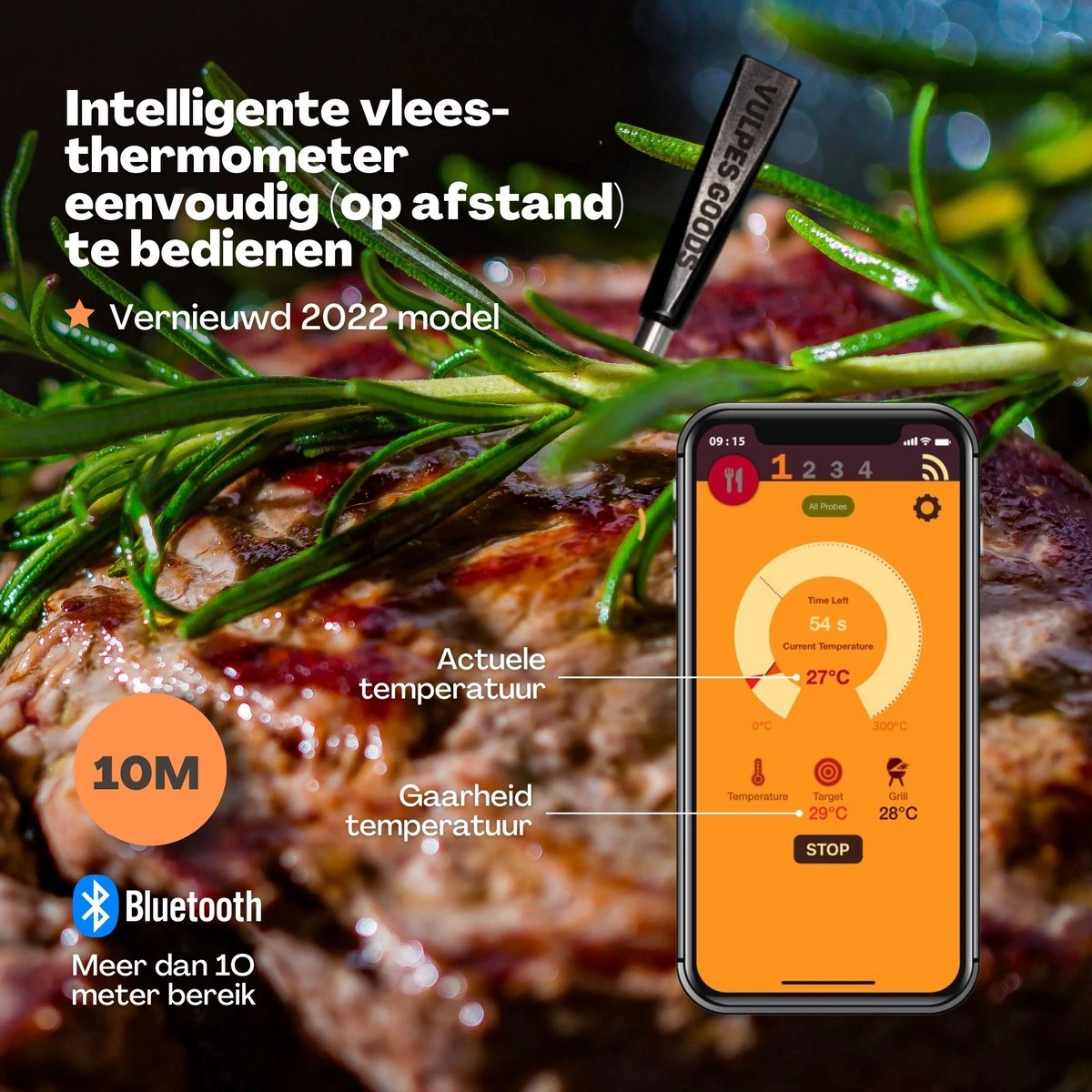 Vulpes Kitchen Vleesthermometer - BBQ - Oplaadbaar - Draadloos - Bluetooth - Afbeelding 2