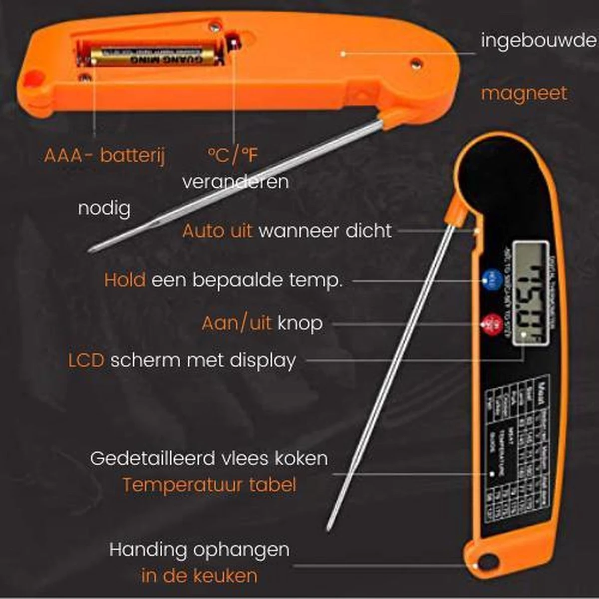 Digitale Vleesthermometer Waterdicht - BBQ Thermometer - Kernthermometer - Suikerthermometer – Kookthermometer Voor Vloeistof - Afbeelding 6