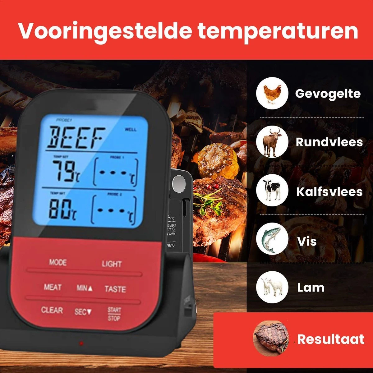 Vleesthermometer Draadloos Met Timer - BBQ Thermometer – Kernthermometer – Suikerthermometer – Keukenthermometer - Afbeelding 5