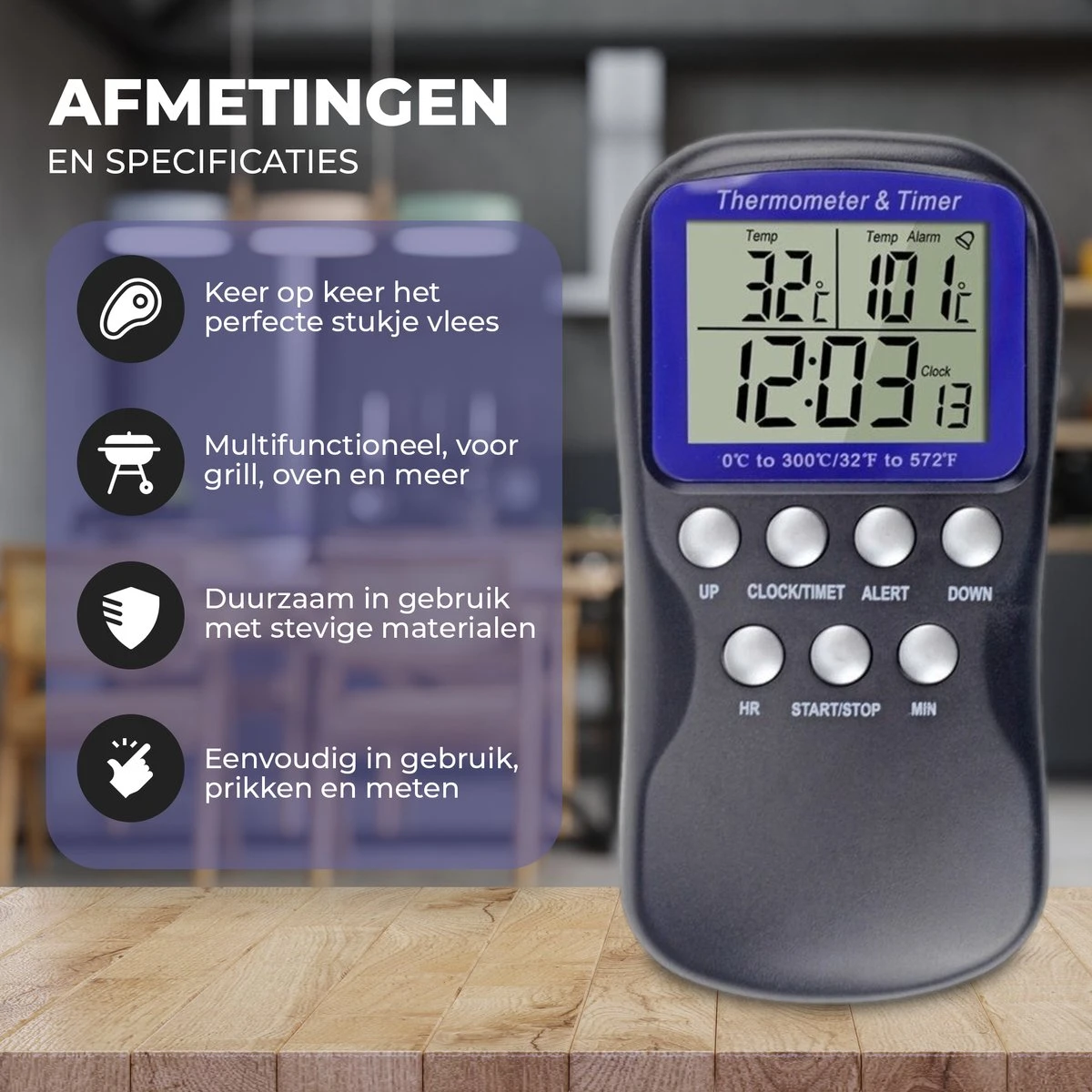 Seidon® Digitale Vleesthermometer Set – BBQ- En Oventhermometer – 0°C Tot 300°C – Kernthermometer Met 1 Sonde – Suikerthermometer - Kookthermometer - Afbeelding 4