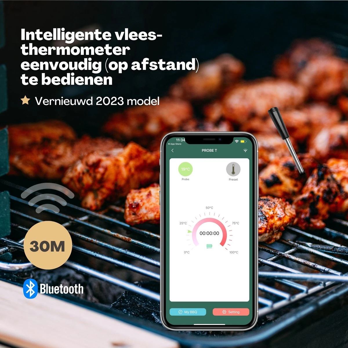 Vulpes Kitchen® Vleesthermometer Pro - Draadloos - Bluetooth & App - 2 In 1 Oventhermometer - RVS & Fast Charger - 30 Meter - Afbeelding 4