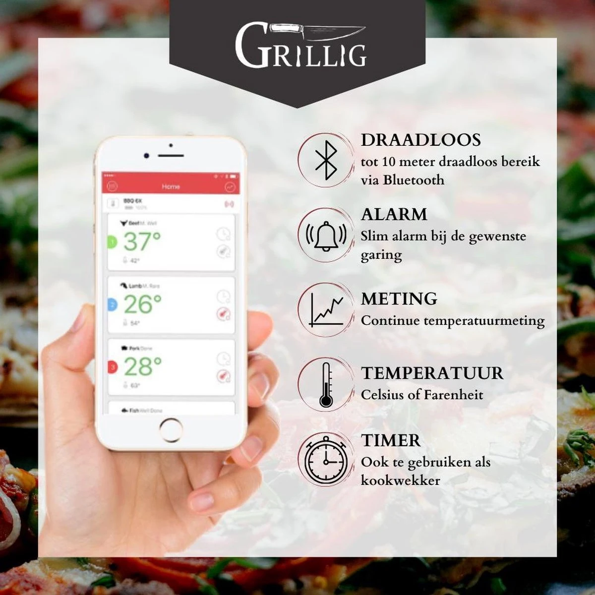 Grillig - Smart Vleesthermometer - Draadloze BBQ Thermometer - Geschikt Voor BBQ - Oven - Grill - Fornuis - Inclusief Batterij En App - Afbeelding 5