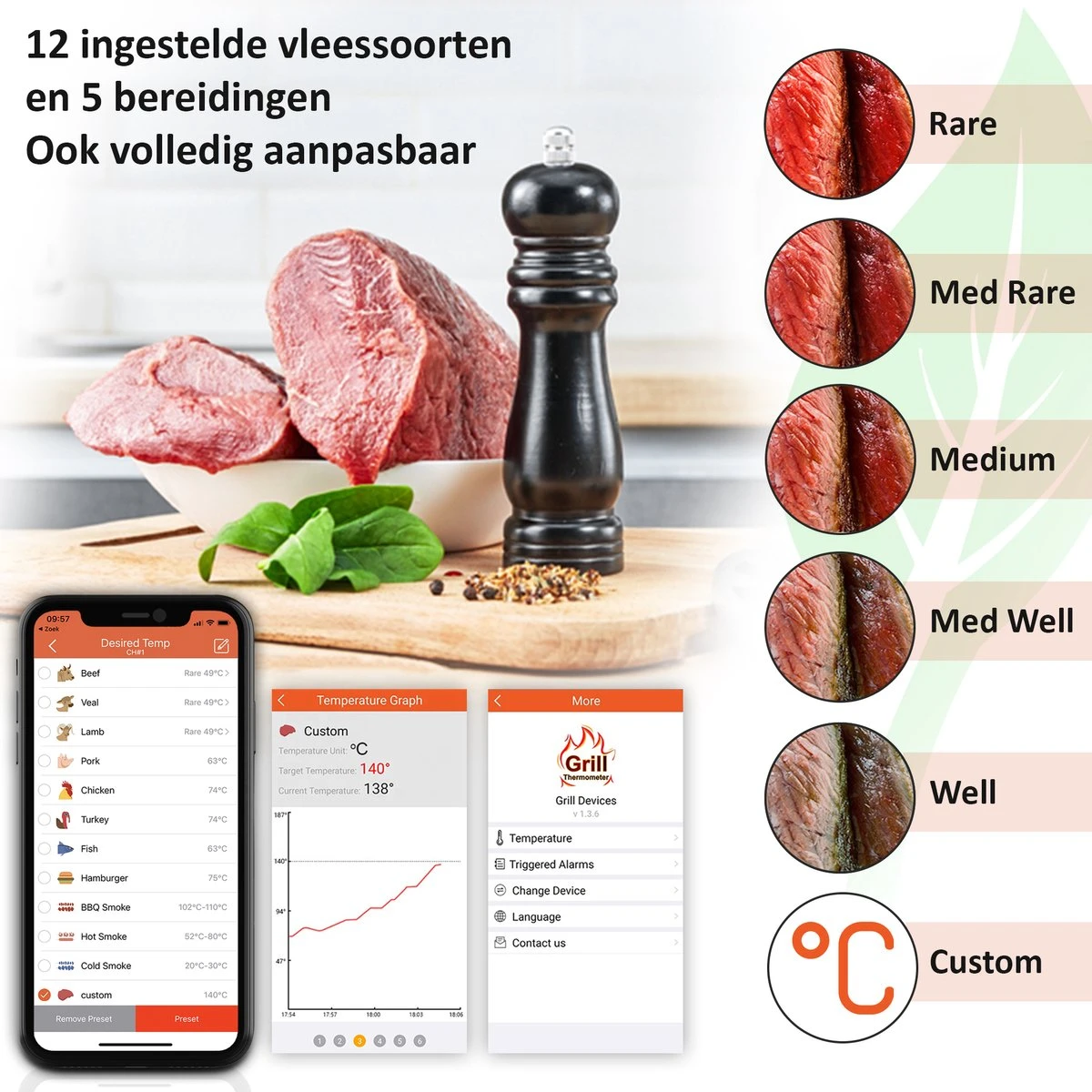 Claire BF-5 BBQ Thermometer - Vleesthermometer - Oventhermometer - Draadloos Met App - Incl. Batterijen En 4 Meetsondes - Afbeelding 6