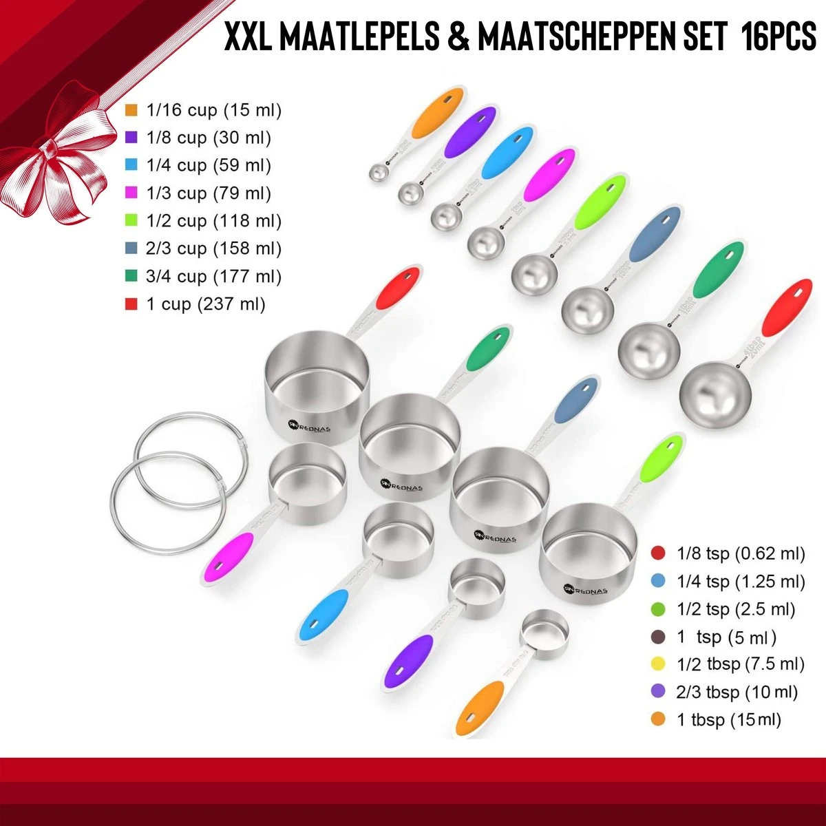 Rednas XXL Maatlepel/Maatbeker-set - 16-delig - Measuring Cups Spoons - Maatschep Set - Afbeelding 2