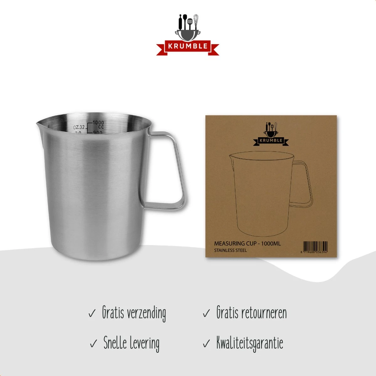 Krumble Maatbeker Met Schenktuit - Maatbekers - Meetbeker Voor Koken En Bakken - Maatkan - Kookgerei - Mengbeker - Blender Beker - RVS - 1 Liter - 12 X 15 X 13 Cm (Ixbxh) - Zilver - Afbeelding 6