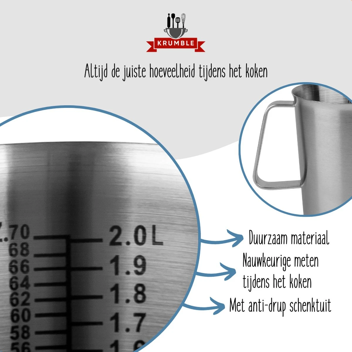 Krumble Maatbeker Met Schenktuit - Maatbekers - Meetbeker Voor Koken En Bakken - Maatkan - Kookgerei - Mengbeker - Blender Beker - RVS - 2 Liter - 14,5 X 17 X 14,5 Cm (lxbxh) - Zilver - Afbeelding 2