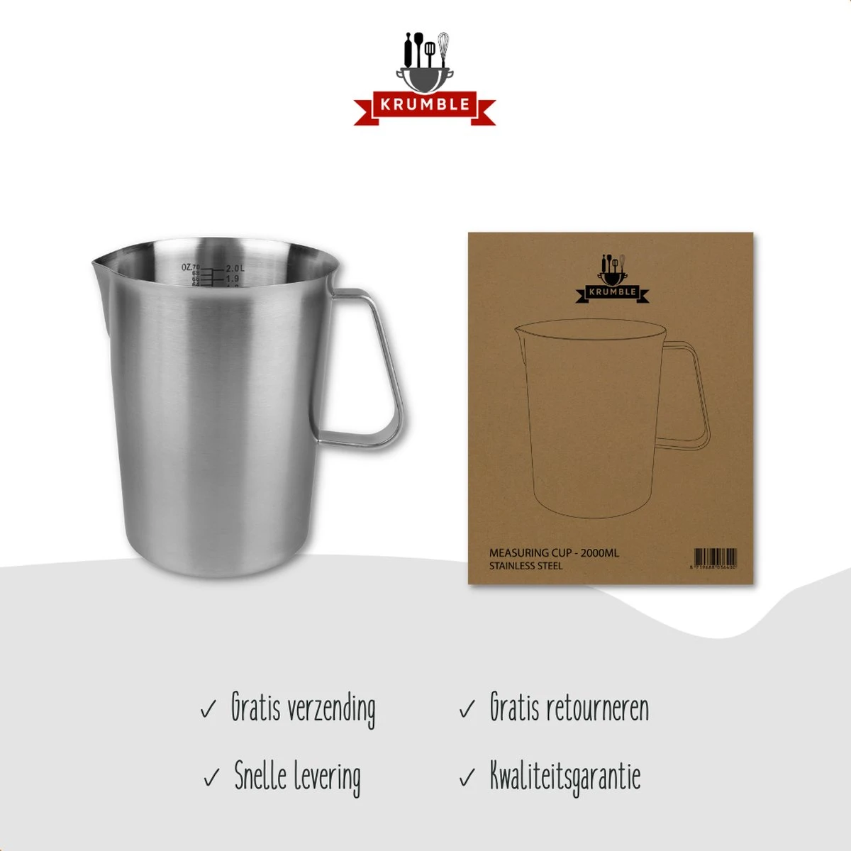 Krumble Maatbeker Met Schenktuit - Maatbekers - Meetbeker Voor Koken En Bakken - Maatkan - Kookgerei - Mengbeker - Blender Beker - RVS - 2 Liter - 14,5 X 17 X 14,5 Cm (lxbxh) - Zilver - Afbeelding 5