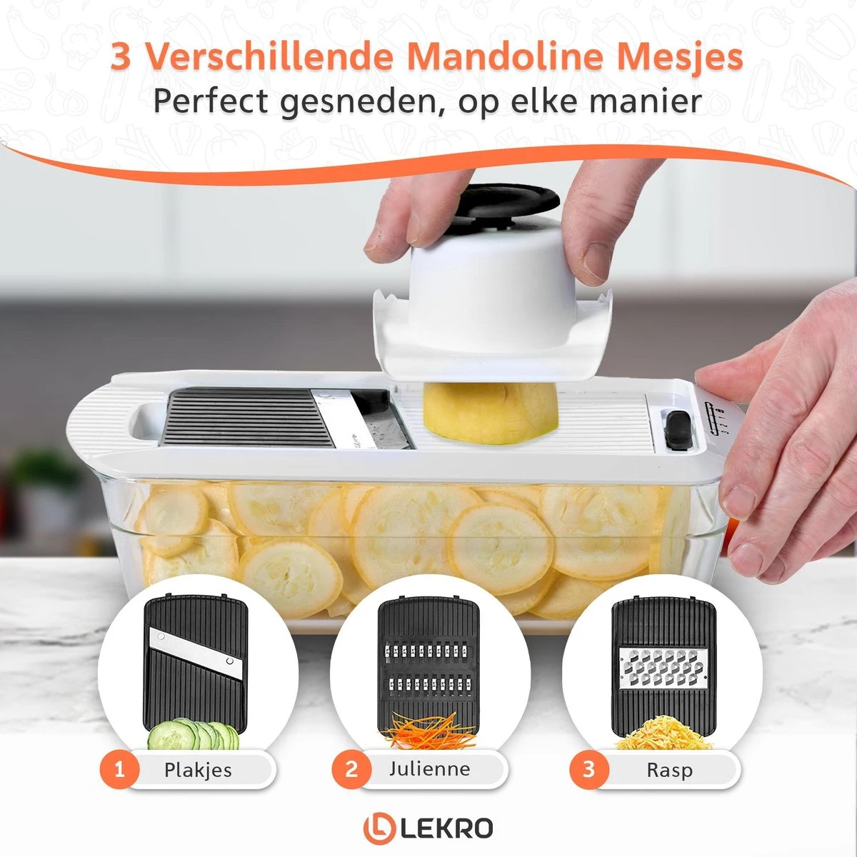 Lekro Multifunctionele Groentesnijder Met Glazen Ovenschaal - Mandoline - Uiensnijder - Frietsnijder - Groentensnijder- Anti-slip Mat - Glas & RSV - 12-delig - Afbeelding 2