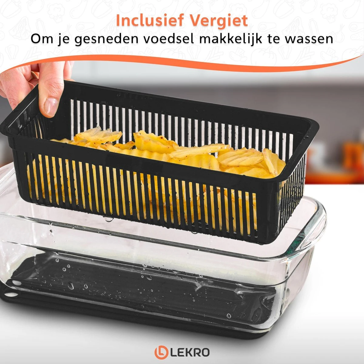 Lekro Multifunctionele Groentesnijder Met Glazen Ovenschaal - Mandoline - Uiensnijder - Frietsnijder - Groentensnijder- Anti-slip Mat - Glas & RSV - 12-delig - Afbeelding 5