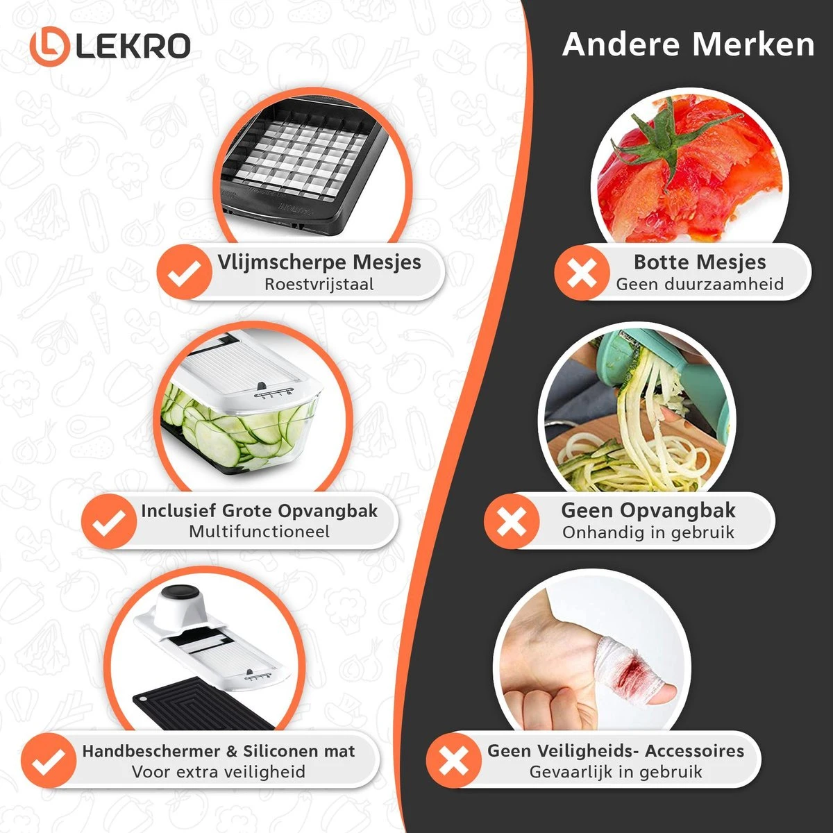 Lekro Multifunctionele Groentesnijder Met Glazen Ovenschaal - Mandoline - Uiensnijder - Frietsnijder - Groentensnijder- Anti-slip Mat - Glas & RSV - 12-delig - Afbeelding 8