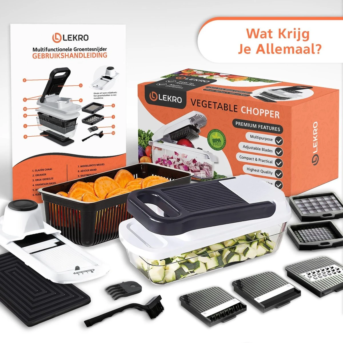 Lekro Multifunctionele Groentesnijder Met Glazen Ovenschaal - Mandoline - Uiensnijder - Frietsnijder - Groentensnijder- Anti-slip Mat - Glas & RSV - 12-delig - Afbeelding 9