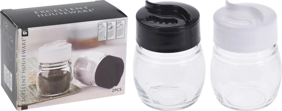 Excellent Houseware Setje Van 2x Stuks Peper En Zout Vaatjes / Strooiers Van Glas 5 X 7 Cm - Peper En Zout Stel - Afbeelding 2
