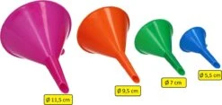 Merkloos Premium 4-Delige Trechter Set – 11cm, 9 Cm, 7 Cm, 5,5 Cm | Trechters In Verschillende Formaten Met Hoge Rand | Olie Zuur En Brandstofbestendig | Multicolor | Voor Snelle Overdracht Van Vloeistoffen, Olie, Water En Droge Stoffen En Poeders | Voor Gebr