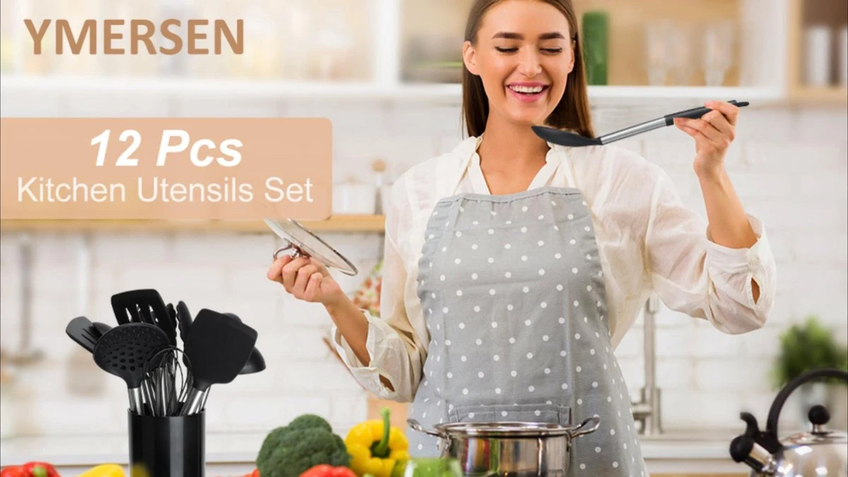 Merkloos Keukengerei Set Met Houder 12-delig - Siliconen – Ophangbaar - Antiaanbak Laag – Hittebestendig En BPA Vrij - Zwart - Afbeelding 9