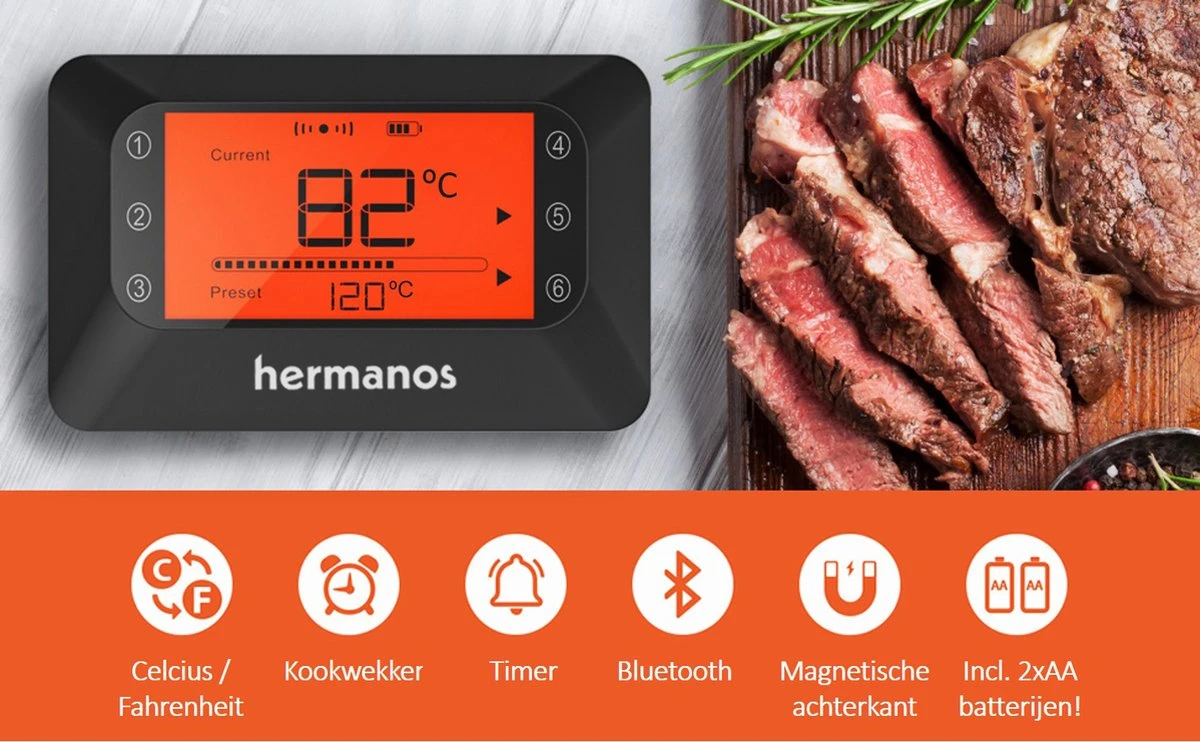 Hermanos® Digitale BBQ Thermometer Draadloos - Keukenthermometer - Bluetooth Met App - 4 Sondes - Magneet - Incl. Batterijen - Afbeelding 7