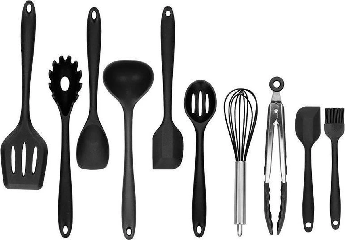 Merkloos 10 DELIG Siliconenkeuken Set | Kookgerei Anti Aanbak | 1x Bakspaan + 1x Spaghettilepel +1x Opscheplepel +1x Soeplepel +1x Grote Pannenlikker + 1x Schuimspaan + 1x Garde + 1x Saladetang/BBQ Tang + 1x Kleine Pannenlikker + 1x Insmeerborstel - Afbeelding 3