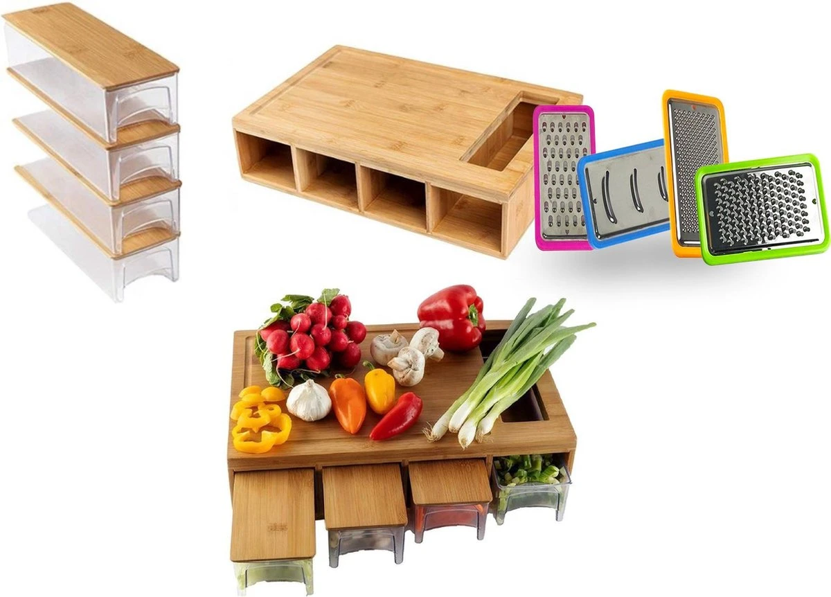 TammaT® Snijplank Hout - Met Opvangbakken - Bamboe Snijplank - Met Rasp - Stapelbaar Voorraadbakjes - Keuken Accessoires - Groentesnijder - Snijplank Hout - BBQ - Afbeelding 8