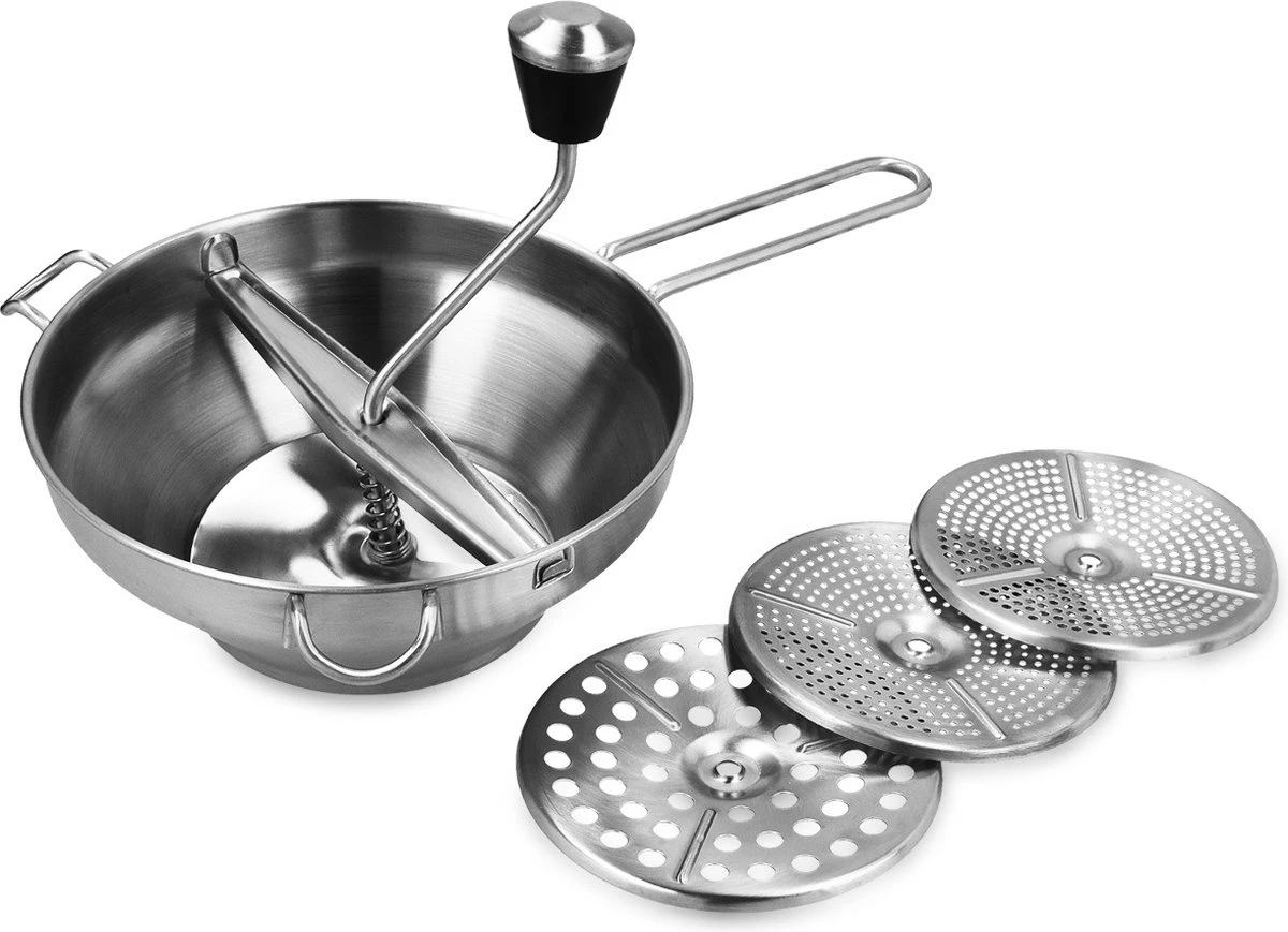 Navaris Roestvrijstalen Passeerzeef Met 3 Zeefinzetten - Roerzeef Voor Soepen, Jam, Smoothies, Babyvoeding En Sauzen - Passe-vite Met 3 Schijven - Afbeelding 4