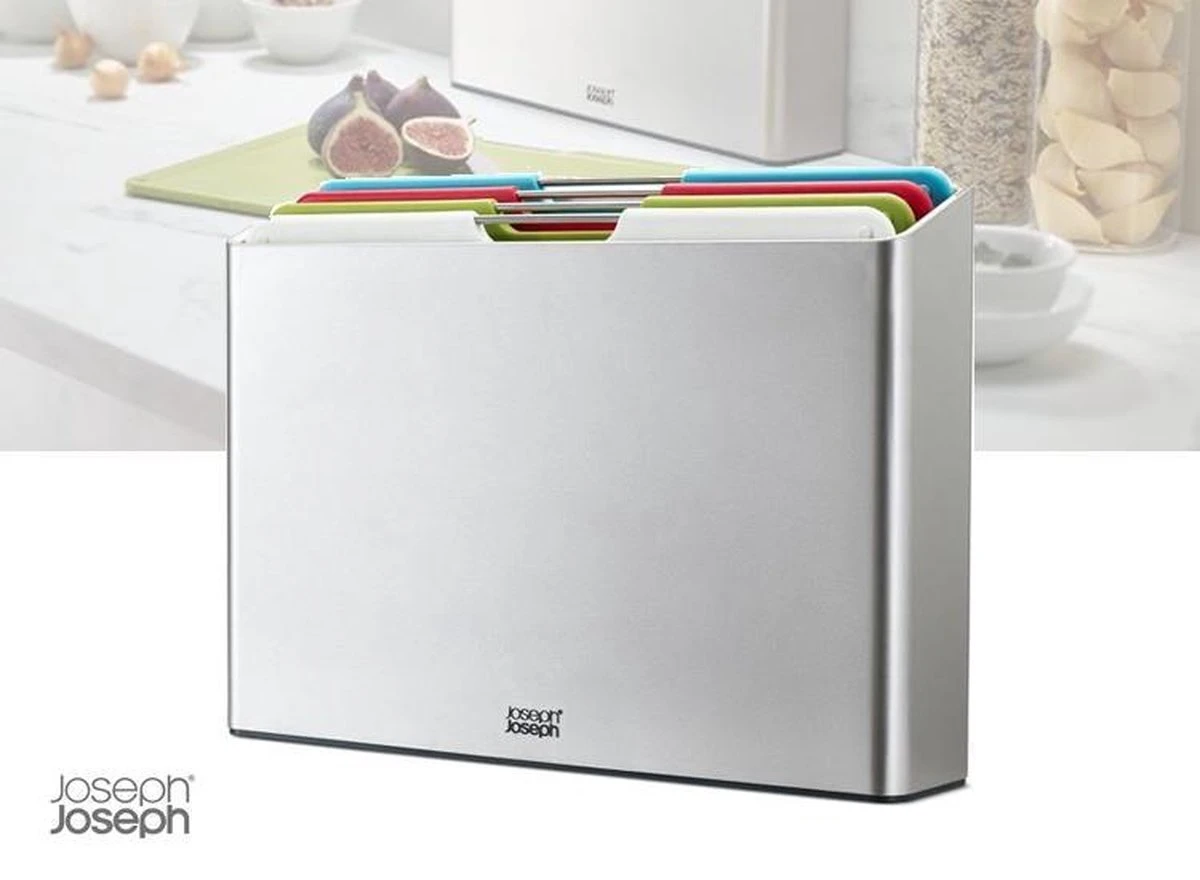 Joseph Joseph Folio Snijplanken - Set Van 4 Stuks - Met Houder - Snijplank Vis Vlees Groenten Brood - BPA Vrij - Vaatwasserbestendig - Keukenhulp - Keukentool Zilver - Afbeelding 8