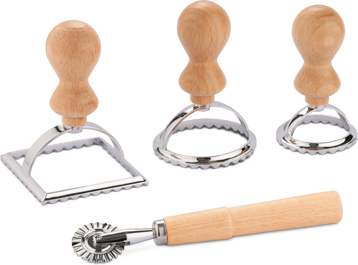Navaris Set Van 4 Raviolisnijders - Raviolimakers Met Houten Handvat - Set Van 3 Vormsnijders En 1 Pastawiel Voor Het Snijden Van Zelfgemaakte Ravioli