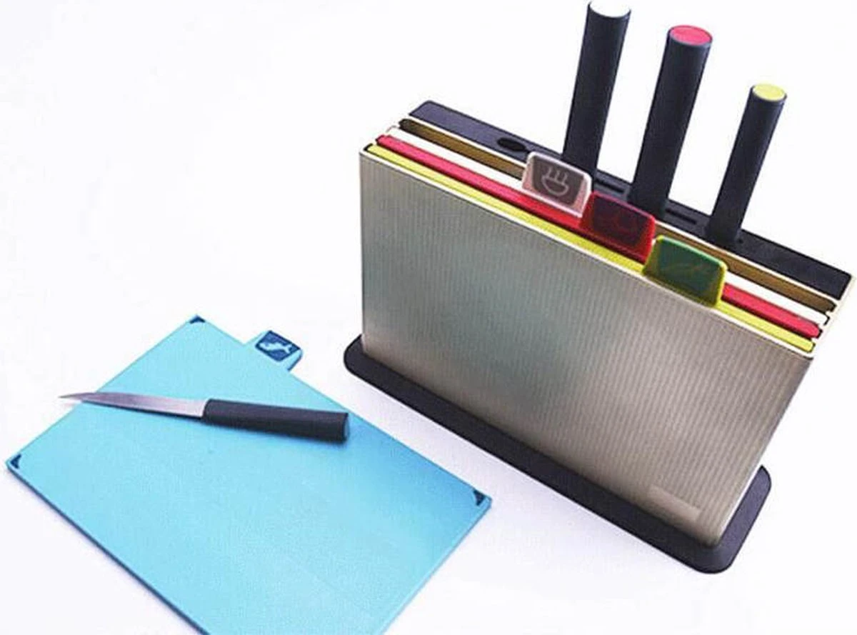 Joseph Joseph Folio Kunststof Snijplanken Set Met 4 Messen En Houder - Kunststof - Vaatwasserbestendig En Opbergkoffer En Gemakkelijk Toegankelijk Vaatwasmachinebestendig Antislip Groot Zilver - Afbeelding 8