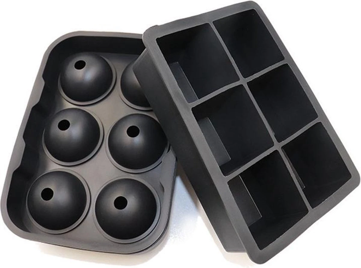 Luxe IJsblokvormen - Set Van 2 - 6 Grote Ronde Ijsballen En 6 Vierkante Ijsblokken - Voedselveilig Siliconen - Zwart - Afbeelding 2