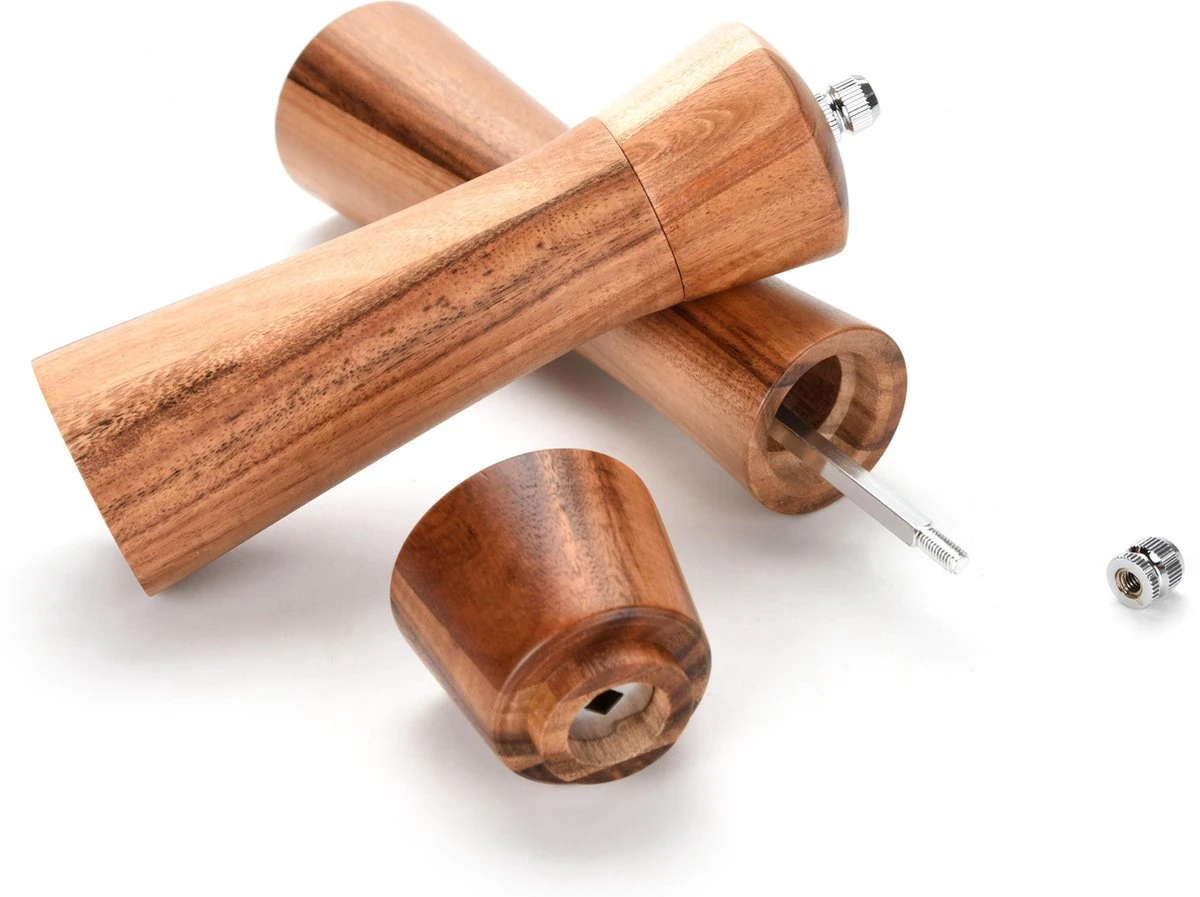 VITAMO™ Peper En Zoutmolen Set Van Acacia Hout Met Keramische Maalschijven - Grove En Fijne Maling - Instelbaar - Handmatig - Duurzaam En Tijdloos Acaciahout - Afbeelding 3
