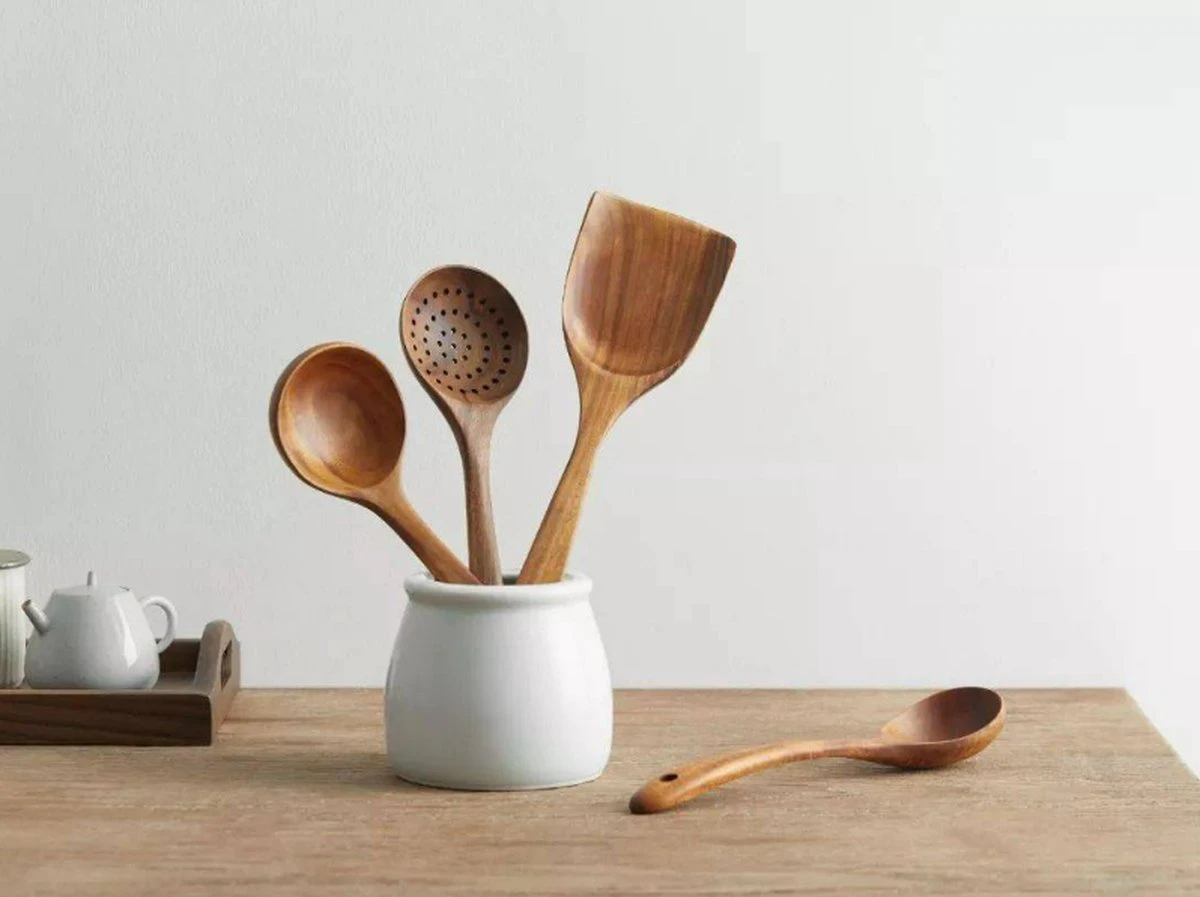 Merkloos Keukenspatels En -lepels Set - 7 Stuks - Teakhout - Handwerk, Krasbestendig, Duurzaam - Afbeelding 5