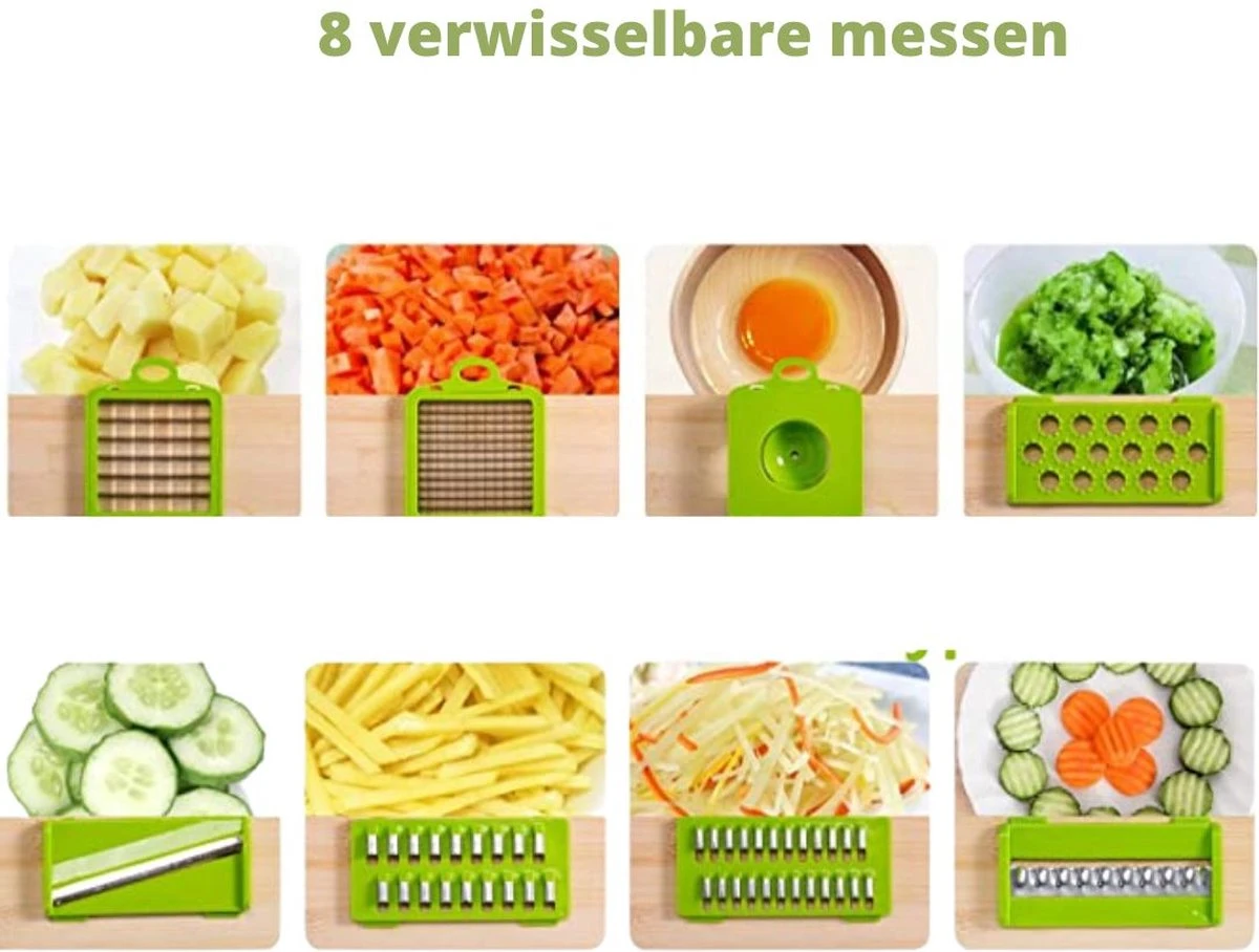 Bymouna - Groentesnijder - Uiensnijder - Spiraalsnijder - Frietsnijder - Rasp - Instelbaar - Kunststof - BPA Vrij - Mandoline Keukensnijder - Alles Snijder - Chopper - Multifunctionele Groentesnijder - 14 Delig - Afbeelding 8