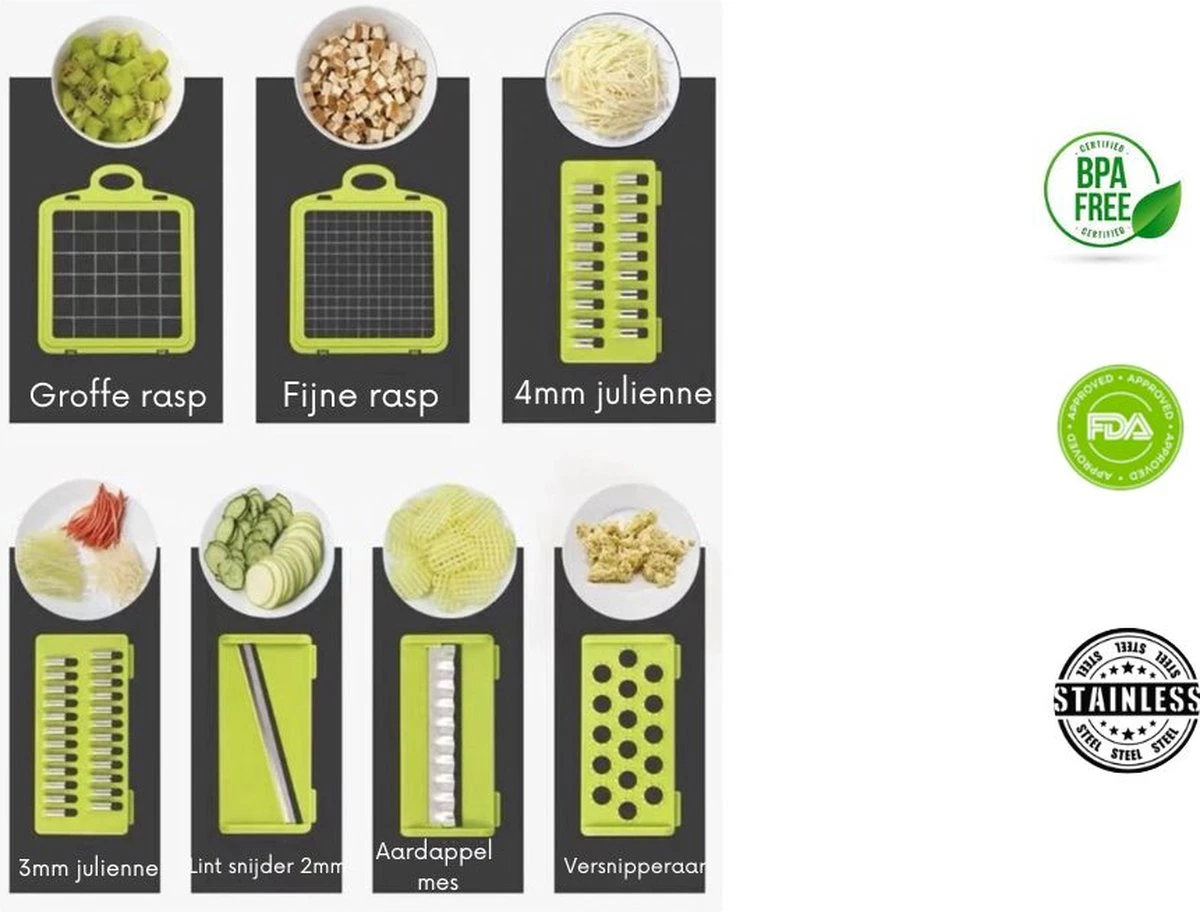 Bymouna - Groentesnijder - Uiensnijder - Spiraalsnijder - Frietsnijder - Rasp - Instelbaar - Kunststof - BPA Vrij - Mandoline Keukensnijder - Alles Snijder - Chopper - Multifunctionele Groentesnijder - 14 Delig - Afbeelding 6