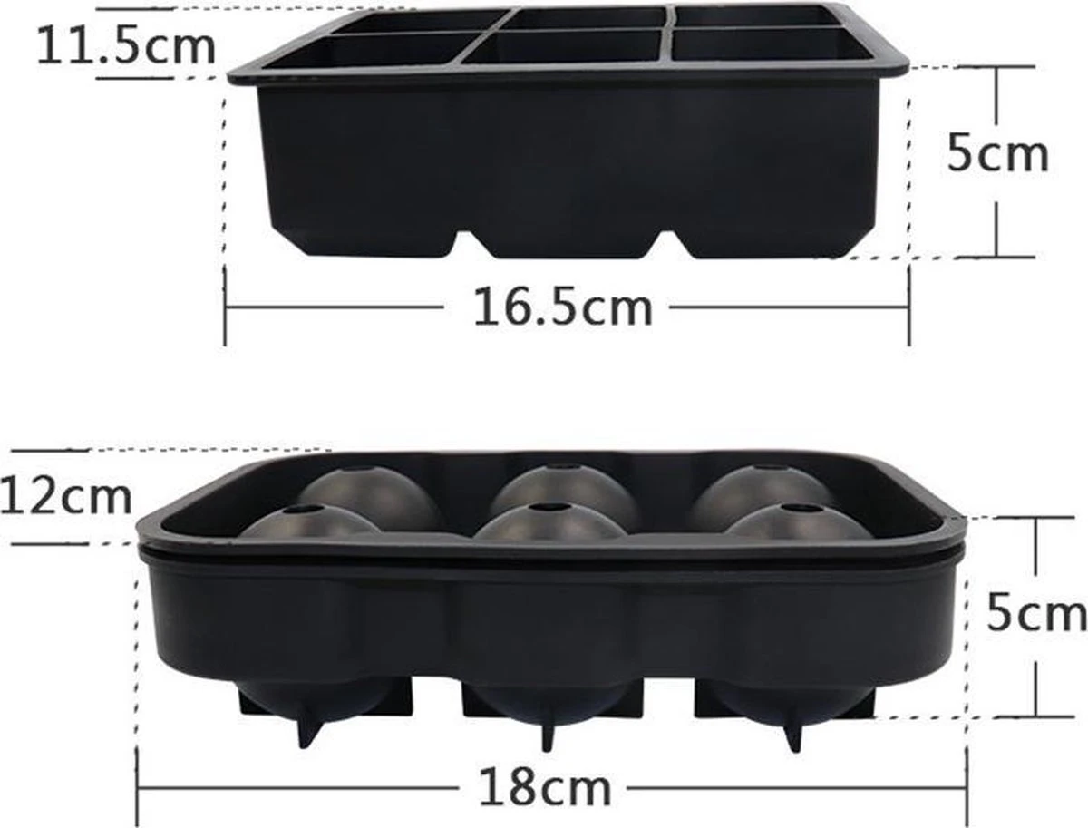 Luxe IJsblokvormen - Set Van 2 - 6 Grote Ronde Ijsballen En 6 Vierkante Ijsblokken - Voedselveilig Siliconen - Zwart - Afbeelding 6