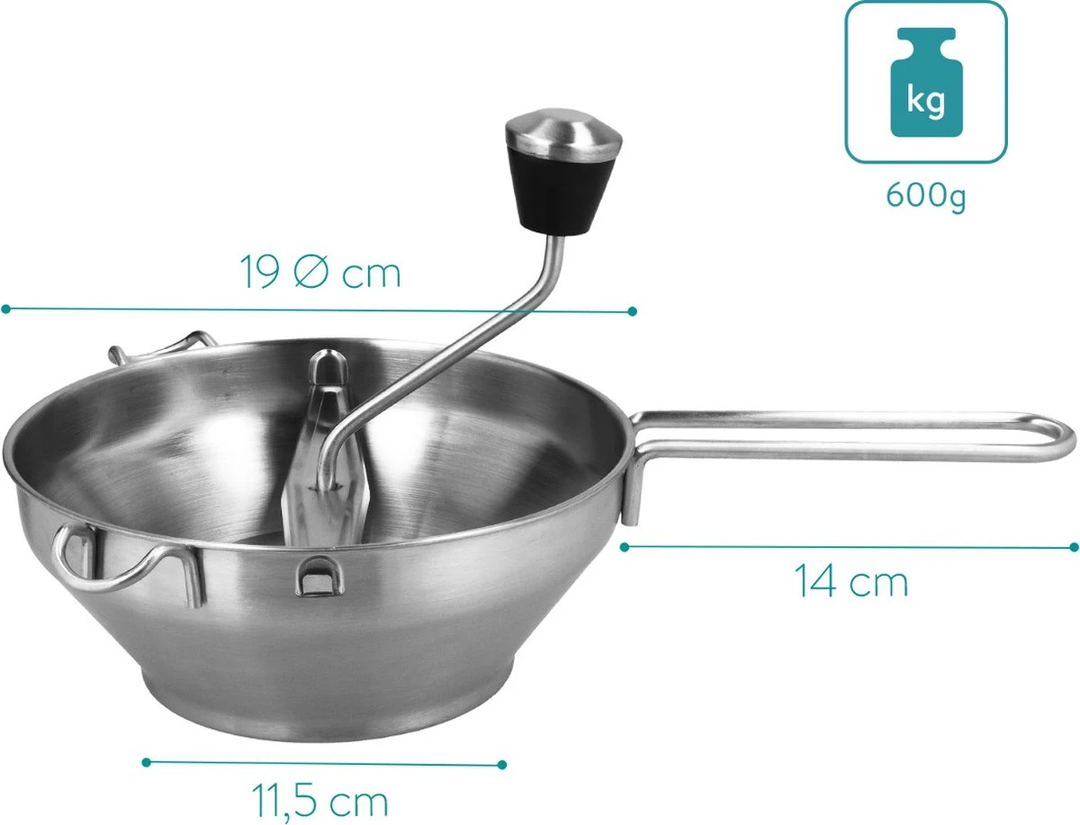 Navaris Roestvrijstalen Passeerzeef Met 3 Zeefinzetten - Roerzeef Voor Soepen, Jam, Smoothies, Babyvoeding En Sauzen - Passe-vite Met 3 Schijven - Afbeelding 3