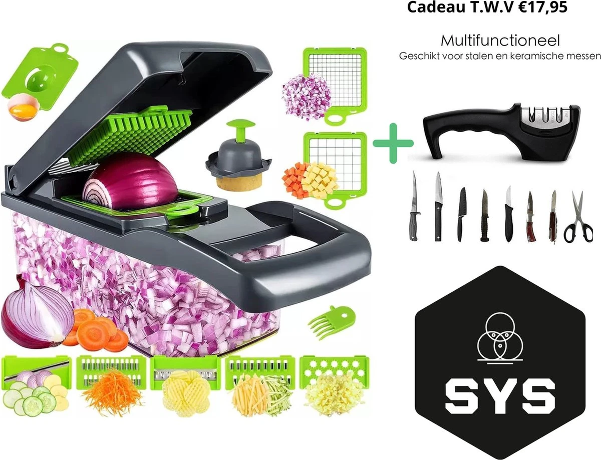 Mandoline + Messenslijper T.w.v. €17,95 - Multifunctionele Groentesnijder – (Zelfreinigende) Mandoline Nicer Dicer – Uiensnijder – Groentensnijder – Frietsnijder – Keukensnijder – Groentehakker – Snijmachine – Multifunctioneel 15-delig – RVS