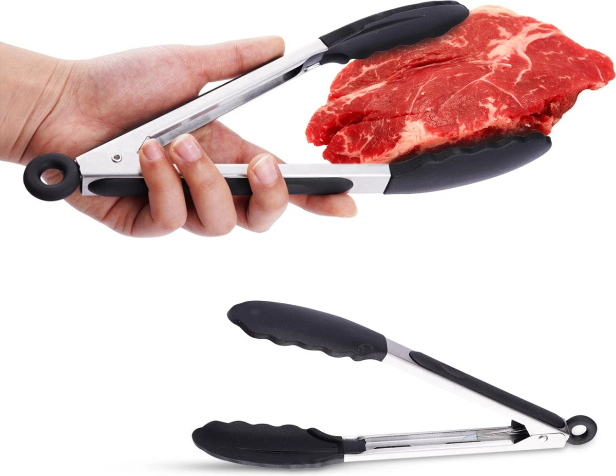 Merkloos Vleestang Voor In De Keuken Keukentang Serveertang BBQ Tang Accesoires Barbecuetang – Roestvrij Staal En Siliconen – Set Van 2 - Afbeelding 5