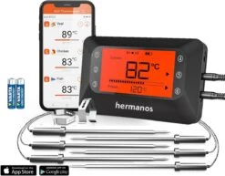 Hermanos® Digitale BBQ Thermometer Draadloos - Vleesthermometer - Oventhermometer - Bluetooth Met App - 6 Meetsondes - Magneet - Incl. Batterijen