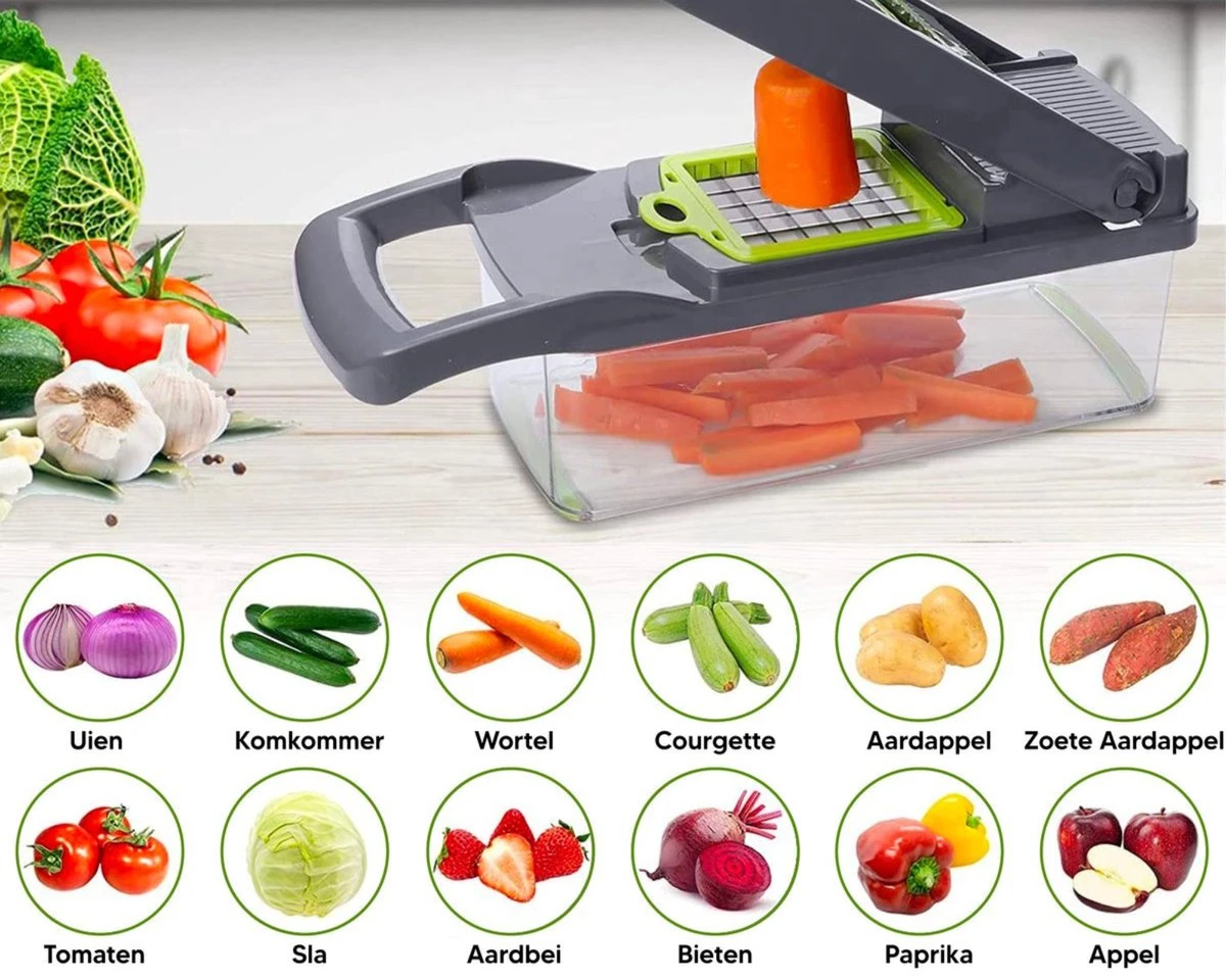 Mandoline + Messenslijper T.w.v. €17,95 - Multifunctionele Groentesnijder – (Zelfreinigende) Mandoline Nicer Dicer – Uiensnijder – Groentensnijder – Frietsnijder – Keukensnijder – Groentehakker – Snijmachine – Multifunctioneel 15-delig – RVS - Afbeelding 4