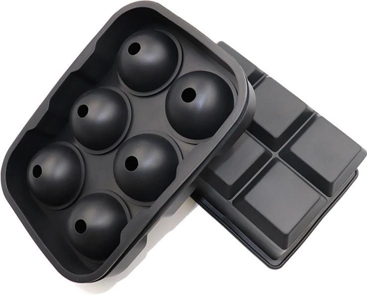 Luxe IJsblokvormen - Set Van 2 - 6 Grote Ronde Ijsballen En 6 Vierkante Ijsblokken - Voedselveilig Siliconen - Zwart - Afbeelding 3