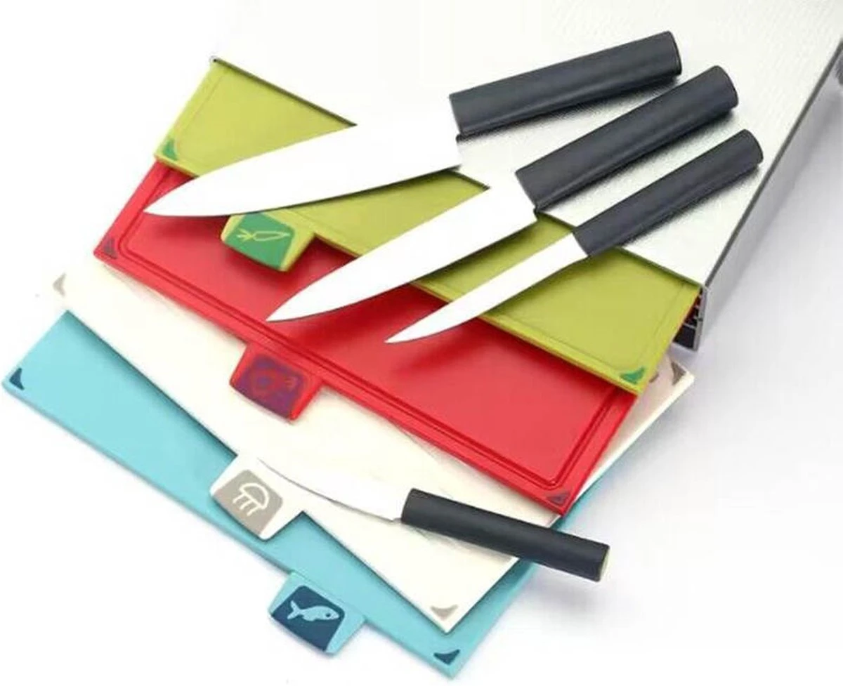Joseph Joseph Folio Kunststof Snijplanken Set Met 4 Messen En Houder - Kunststof - Vaatwasserbestendig En Opbergkoffer En Gemakkelijk Toegankelijk Vaatwasmachinebestendig Antislip Groot Zilver - Afbeelding 7