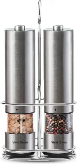 Vivid Green Elektrische Peper En Zoutmolen Set - Zoutstellen - Zoutmolen - Kruidenmolen - Zout En Pepermolen Set - Incl. Houder - RVS