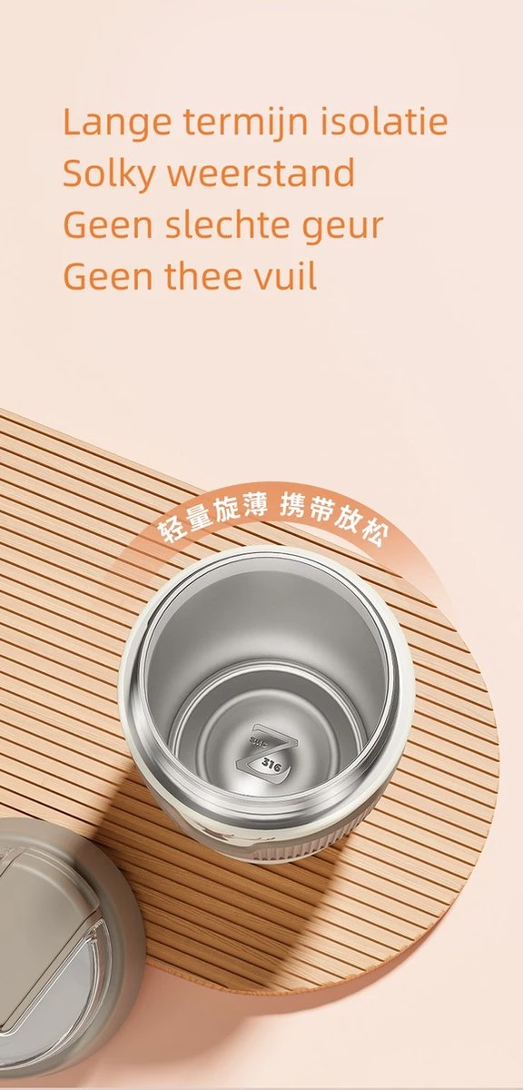 Floraweg Cup - Drinkbeker To GO- Lekvrij Dubbelwandig ,RVS 316, Thermosbeker Koffiebeker- Koffie En Thee - 400ml Waarschuw En Koud Drankje- Grijs - Afbeelding 2