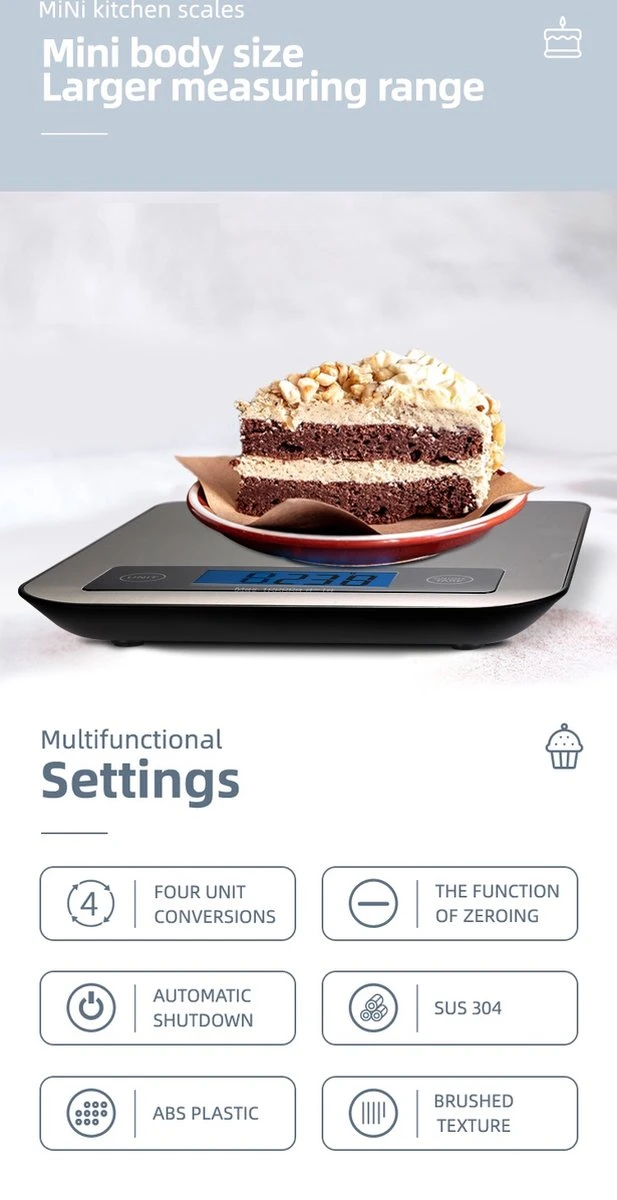 Digitale Precisie Keukenweegschaal - Weegvermogen Tot 10 KG - Incl. Batterijen - Grijs - RVS - Roestvrij Staal - Afbeelding 3