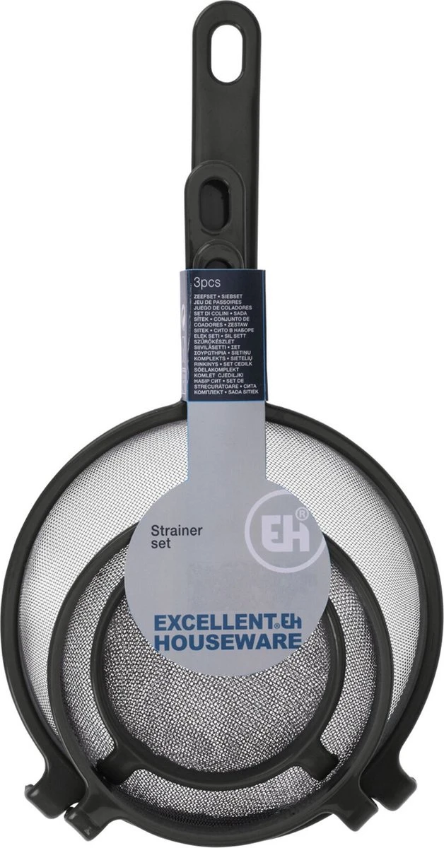 Excellent Houseware Kunststof/metalen Keuken Vergiet/zeef Set 3-delig Met Handvat In 3 Verschillende Formaten Antraciet