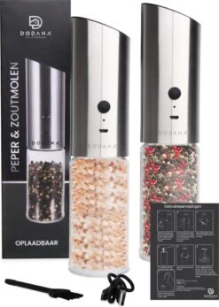 DODANA Premium Peper - & Zoutmolen Elektrisch - 1 Stuk - Pepermolen - Zoutmolen - Oplaadbaar - USB - Elektrische Pepermolen - RVS - Zwaartekracht Functie - LED Lamp - Nl Handleiding - Incl Borsteltje
