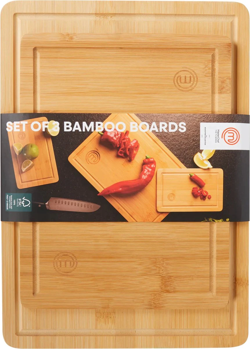 Set Snijplanken Masterchef - 3 Delig + 3 Delig Messenset - Bamboo Luxe Design - Duurzaam Hout - Keuken - Wonen - Cadeau Chef - Kook Gadget - Paas Cadeau