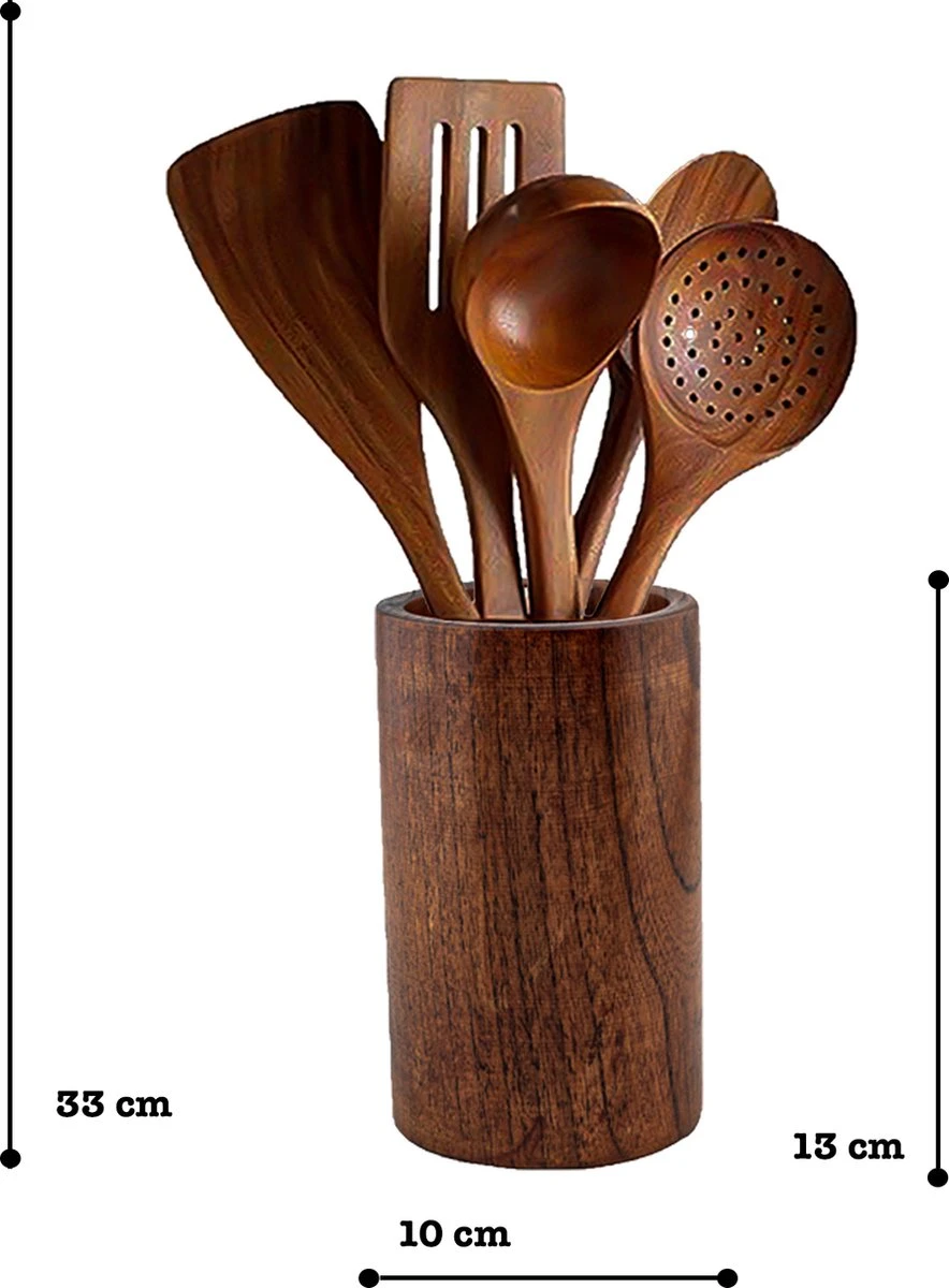 Luverno® - Keukengerei Set - 6 Delig - Teakhout - Keukenset - Keukengerei - Keukengerei Set Met Houder - Keukengerei Houder - Spatelpot - Bruin - Afbeelding 5