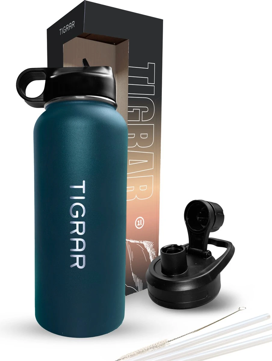 Tigrar - Waterfles - Drinkfles - Thermosfles 1 Liter Dubbelwandig - RVS - (Staal) Blauw - Incl. Extra Dop 3 Rietjes En Reiniger