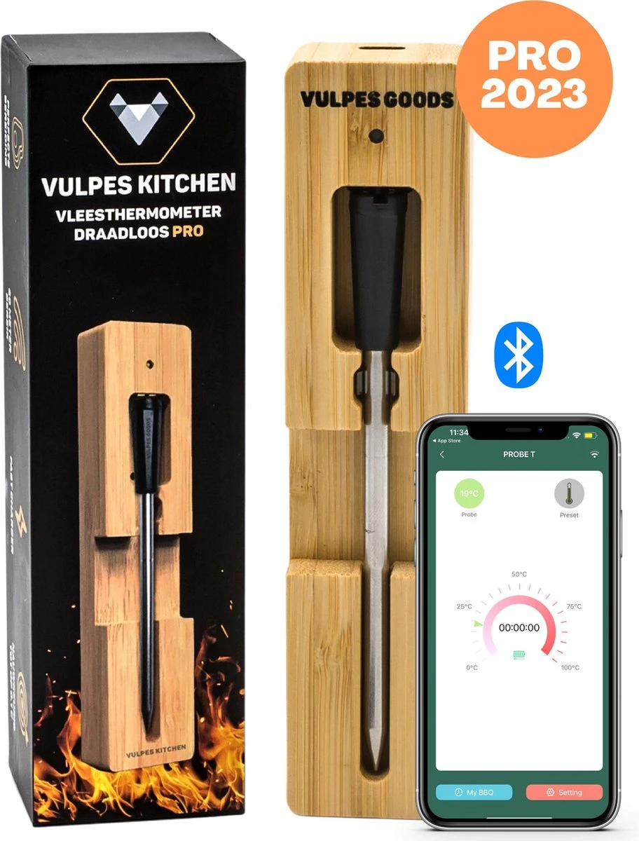 Vulpes Kitchen® Vleesthermometer Pro - Draadloos - Bluetooth & App - 2 In 1 Oventhermometer - RVS & Fast Charger - 30 Meter