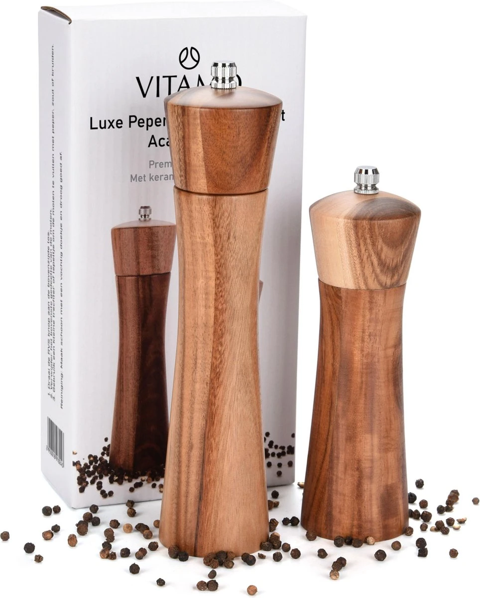 VITAMO™ Peper En Zoutmolen Set Van Acacia Hout Met Keramische Maalschijven - Grove En Fijne Maling - Instelbaar - Handmatig - Duurzaam En Tijdloos Acaciahout - Afbeelding 7