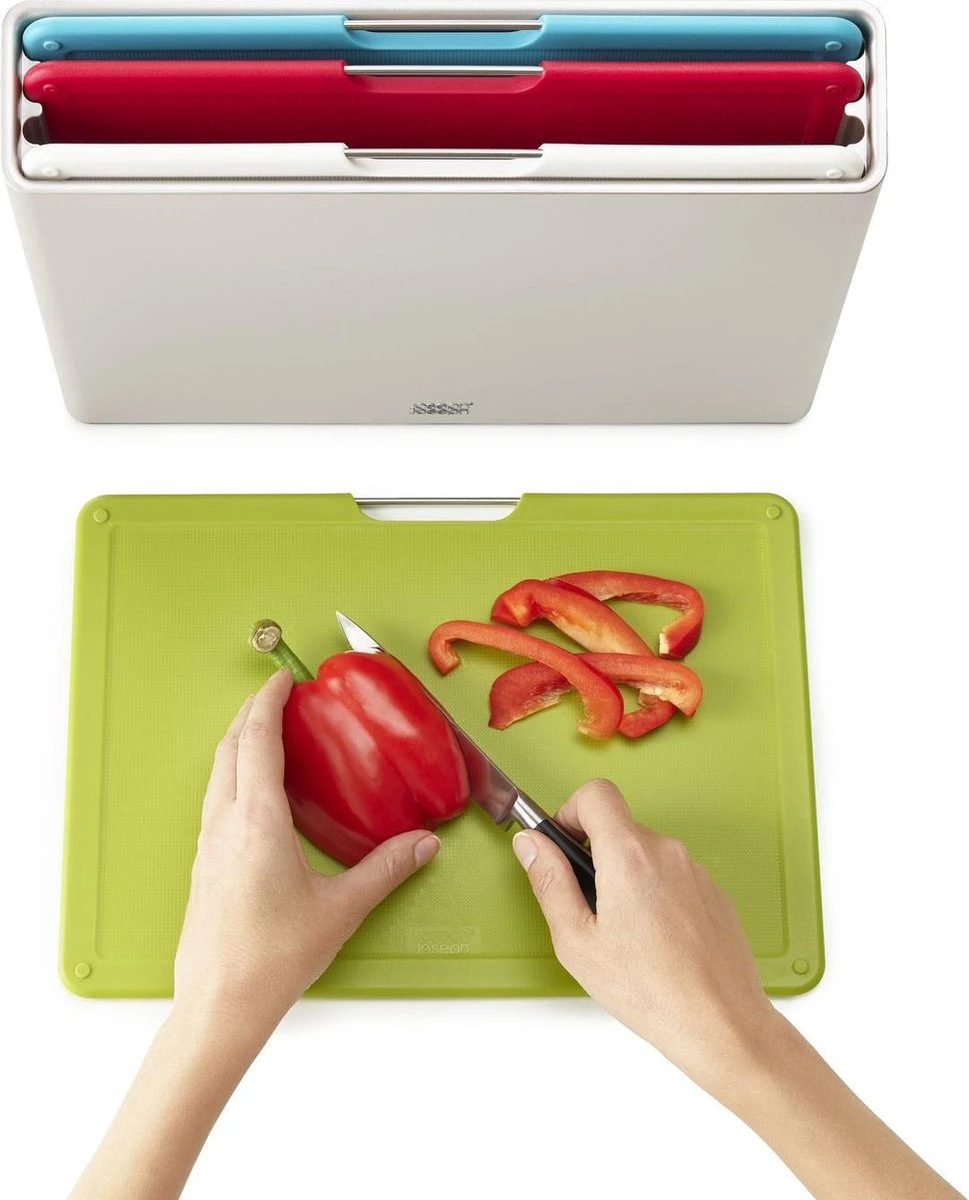 Joseph Joseph Folio Snijplanken - Set Van 4 Stuks - Met Houder - Snijplank Vis Vlees Groenten Brood - BPA Vrij - Vaatwasserbestendig - Keukenhulp - Keukentool Zilver - Afbeelding 11
