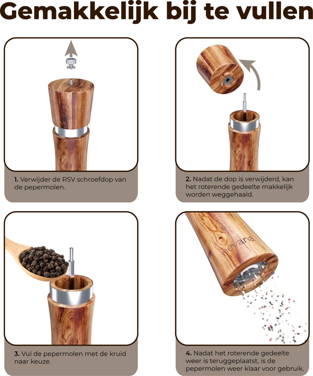 Luxe Peper En Zoutmolen Set - Pepermolen - Acacia Hout - RVS - 21cm - Afbeelding 7